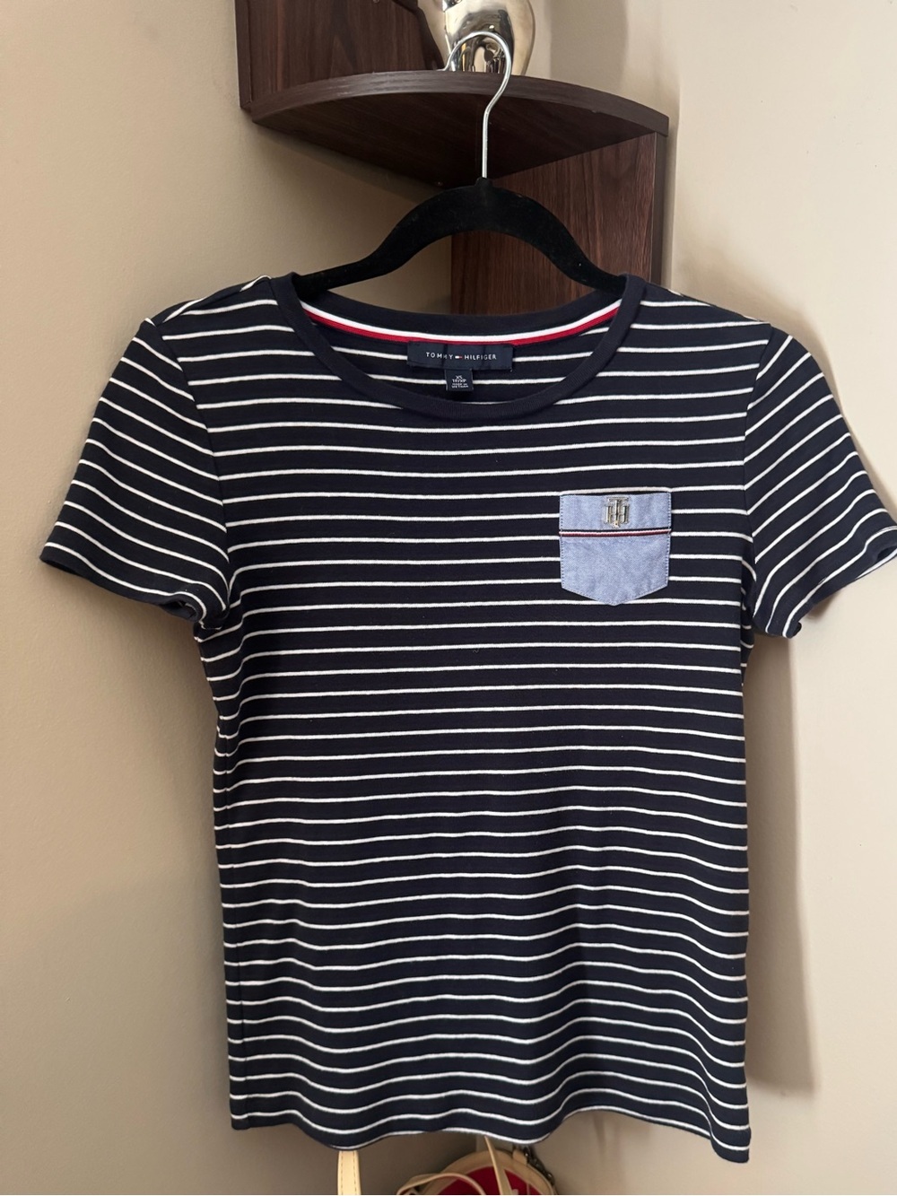 Tommy Hilfiger Navy & White Striped Short Sleeve Top